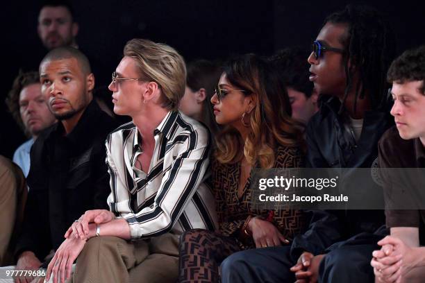 Jamie Campbell Bower and M.I.A. Attend the Fendi show during Milan Men's Fashion Week Spring/Summer 2019 on June 18, 2018 in Milan, Italy.