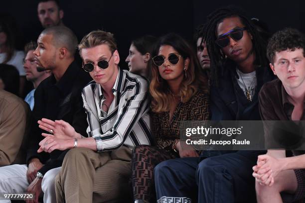 Jamie Campbell Bower and M.I.A. Attend the Fendi show during Milan Men's Fashion Week Spring/Summer 2019 on June 18, 2018 in Milan, Italy.