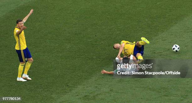 Marcus Berg of Sweden calls out to the referee after Kim Min-Woo of South Korea fouls Viktor Claesson of Sweden and gives away a penalty during the...