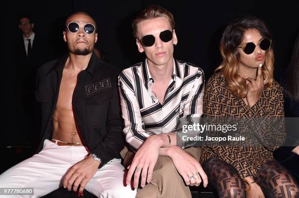 Chris Eubank Jr, Jamie Campbell Bowerm and M.I.A. Attend the Fendi show during Milan Men's Fashion Week Spring/Summer 2019 on June 18, 2018 in Milan,...