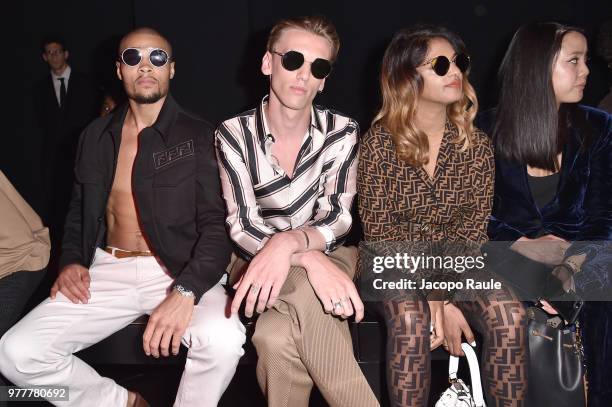 Chris Eubank Jr, Jamie Campbell Bowerm and M.I.A. Attend the Fendi show during Milan Men's Fashion Week Spring/Summer 2019 on June 18, 2018 in Milan,...