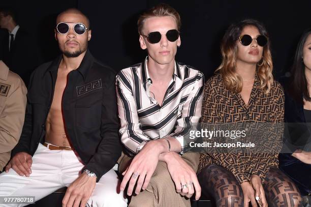 Chris Eubank Jr, Jamie Campbell Bowerm and M.I.A. Attend the Fendi show during Milan Men's Fashion Week Spring/Summer 2019 on June 18, 2018 in Milan,...