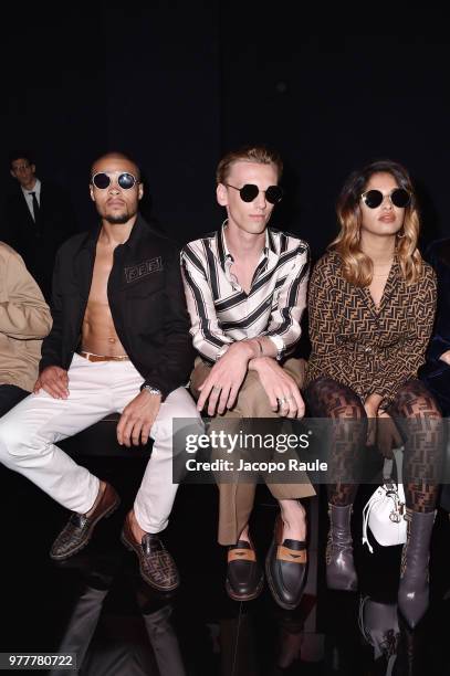 Chris Eubank Jr, Jamie Campbell Bowerm and M.I.A. Attend the Fendi show during Milan Men's Fashion Week Spring/Summer 2019 on June 18, 2018 in Milan,...