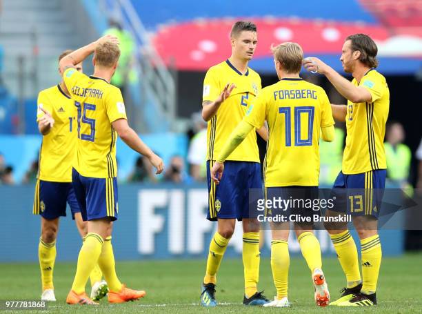 Sweden players celebrate following their sides victoryin the 2018 FIFA World Cup Russia group F match between Sweden and Korea Republic at Nizhniy...