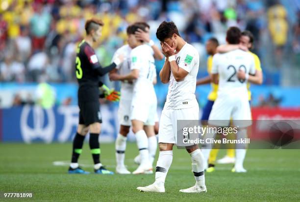 Hwang Hee-chan of Korea Republic looks dejected following the 2018 FIFA World Cup Russia group F match between Sweden and Korea Republic at Nizhniy...