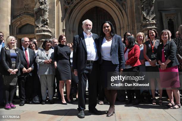 Leader of the Labour party Jeremy Corbyn introduces the newly-elected MP for Lewisham East Janet Daby outside the Houses of Parliament on June 18,...