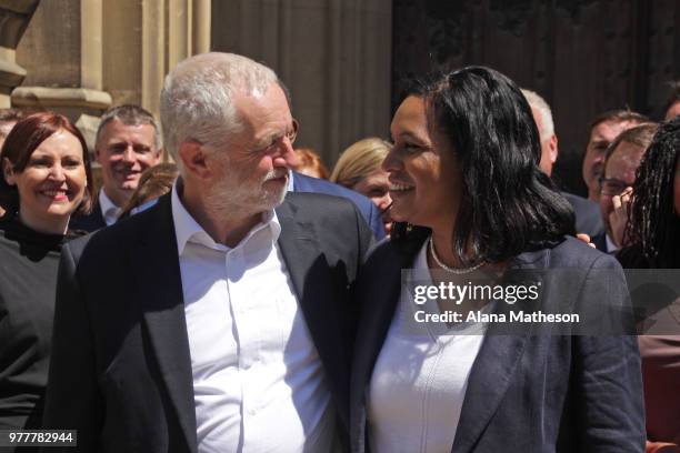 Leader of the Labour party Jeremy Corbyn introduces the newly-elected MP for Lewisham East Janet Daby outside the Houses of Parliament on June 18,...