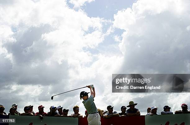 Karrie Webb of Australia tees off from the 12th tee during the third round at the ANZ Australian Ladies Masters Golf at Royal Pines Resort on the...