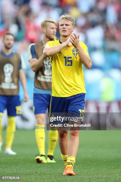 Oscar Hiljemark of Sweden applauds fans after during the 2018 FIFA World Cup Russia group F match between Sweden and Korea Republic at Nizhniy...