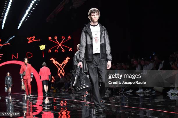 Model walks the runway at the Fendi show during Milan Men's Fashion Week Spring/Summer 2019 on June 18, 2018 in Milan, Italy.