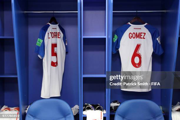 Roman Torres and Gabriel Gomez of Panama's shirts hang in the Panama dressing room during the 2018 FIFA World Cup Russia group G match between...