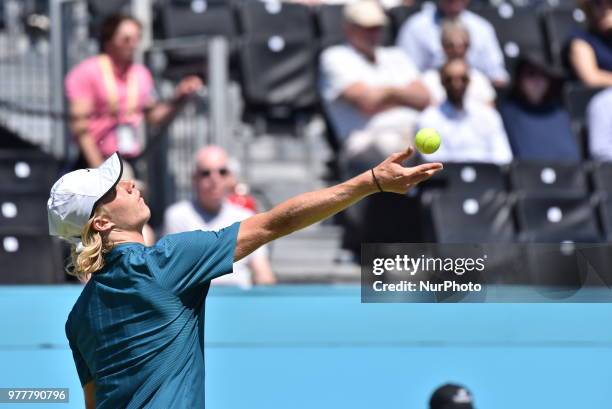 Denis Shapovalov of Canada during the qualifying doubles match against Marin Cilic of Croatia and Ken Skupski of Great Britain during qualifying Day...