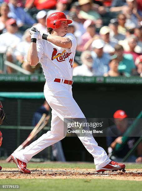 Centerfielder Colby Rasmus of the St Louis Cardinals hits against the Washington Nationals at Roger Dean Stadium on March 10, 2010 in Jupiter,...