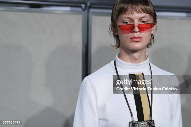 Seen backstage ahead of the Fendi show during Milan Men's Fashion Week Spring/Summer 2019 on June 18, 2018 in Milan, Italy.
