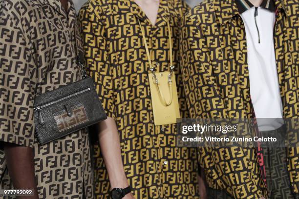 Models, details, are seen backstage ahead of the Fendi show during Milan Men's Fashion Week Spring/Summer 2019 on June 18, 2018 in Milan, Italy.