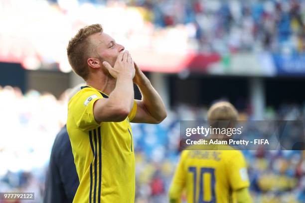 Sebastian Larsson of Sweden celebrates victory following the 2018 FIFA World Cup Russia group F match between Sweden and Korea Republic at Nizhniy...