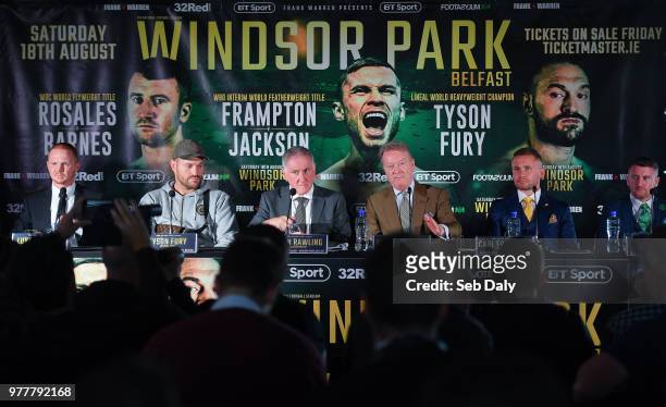 Belfast , United Kingdom - 18 June 2018; Boxers, from left, Luke Jackson, Tyson Fury, promoters John Rawling and Frank Warren, Carl Frampton, and...