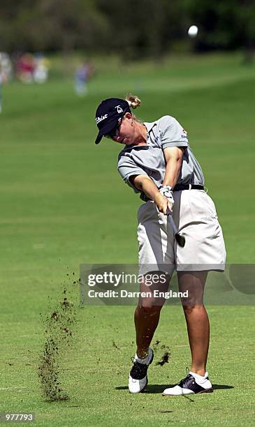 Karrie Webb of Australia plays her second shot on the 4th fairway during the third round at the ANZ Australian Ladies Masters Golf at Royal Pines...