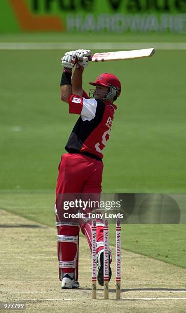 South Australian batsman Greg Blewett edges a ball from Simon Clark on his way to 45 in the Mercantile Mutual Cup match between South Australia and...