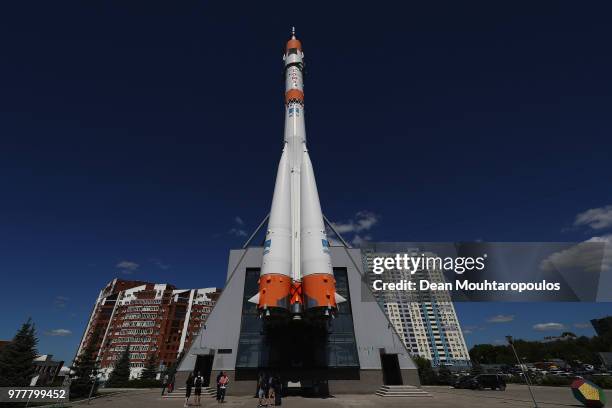 General view of Space rocket Soyuz in the launch assembly, the original rocket in full size infront of the Municipal museum Cosmic Samara or...