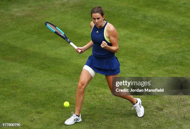 Katy Dunne of Great Britain celebrates a point during her qualifying match against Oceane Dodin of France during day three of the Nature Valley...