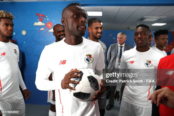 Abdiel Arroyo of Panama holds the ball inside the tunnel prior to the 2018 FIFA World Cup Russia group G match between Belgium and Panama at Fisht...