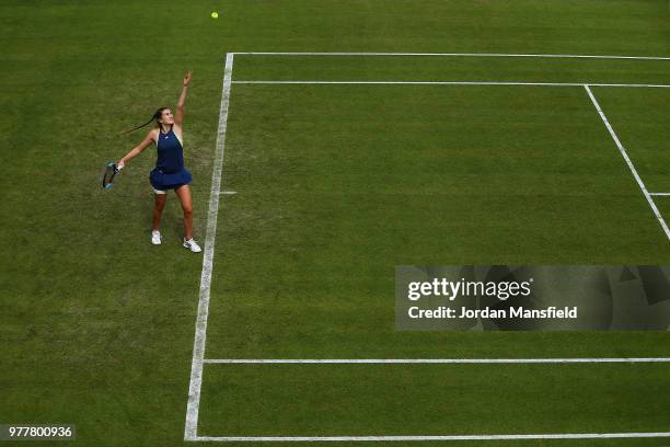 Katy Dunne of Great Britain serves during her qualifying match against Oceane Dodin of France during day three of the Nature Valley Classic at...