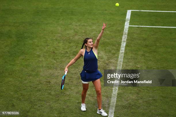 Katy Dunne of Great Britain serves during her qualifying match against Oceane Dodin of France during day three of the Nature Valley Classic at...