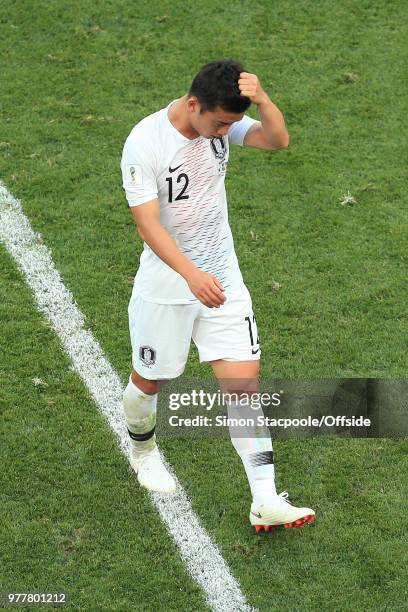 Kim Min-Woo of South Korea looks dejected after his foul gave away the winning penalty during the 2018 FIFA World Cup Russia group F match between...