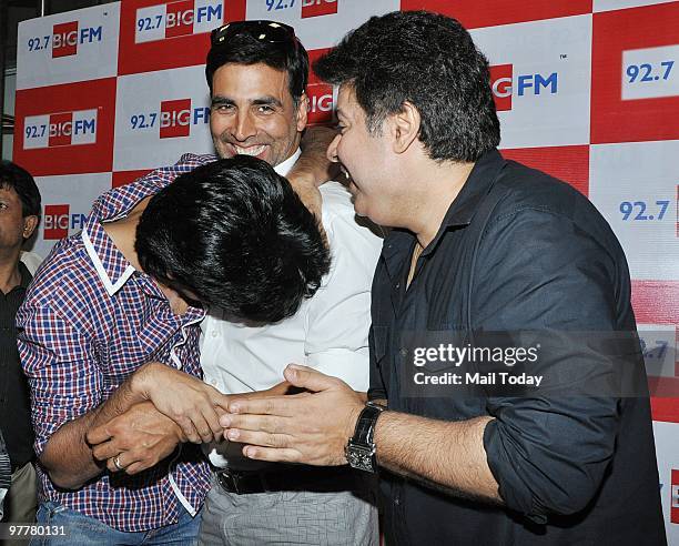 Ritesh Deshmukh, Akshay Kumar and Sajid Khan at the studios of a radio station in Mumbai on March 15, 2010.