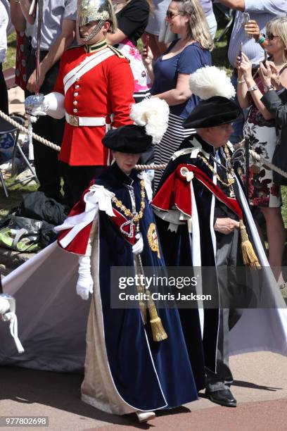 Princess Anne, Princess Royal marches during the Order Of The Garter Service at Windsor Castle on June 18, 2018 in Windsor, England. The Order of the...