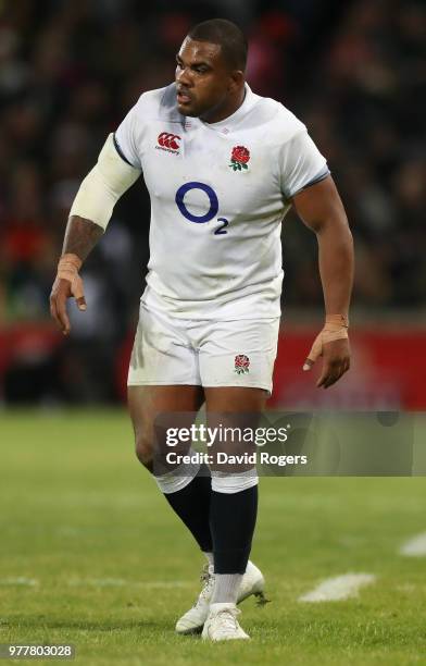 Kyle Sinckler of England looks on during the second test match between South Africa and England at Toyota Stadium on June 16, 2018 in Bloemfontein,...