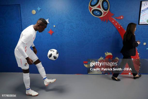 Abdiel Arroyo of Panama plays with the ball inside the tunnel prior to the 2018 FIFA World Cup Russia group G match between Belgium and Panama at...