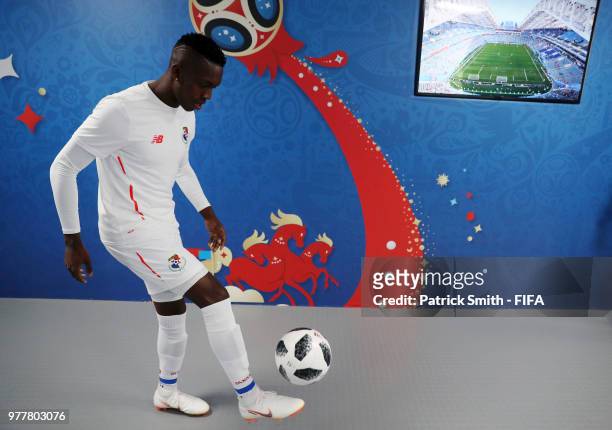 Abdiel Arroyo of Panama plays with the ball inside the tunnel prior to the 2018 FIFA World Cup Russia group G match between Belgium and Panama at...