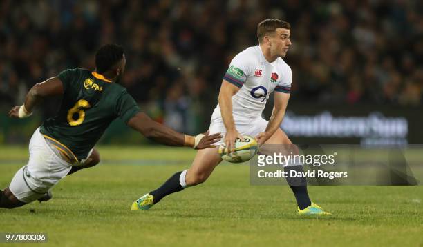 George Ford of England passes the ball during the second test match between South Africa and England at Toyota Stadium on June 16, 2018 in...
