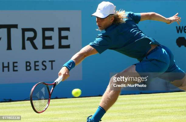 Denis Shapovalov in action during Fever-Tree Championships 1st Round match between Denis Shapovalov against Gilles Muller at The Queen's Club,...