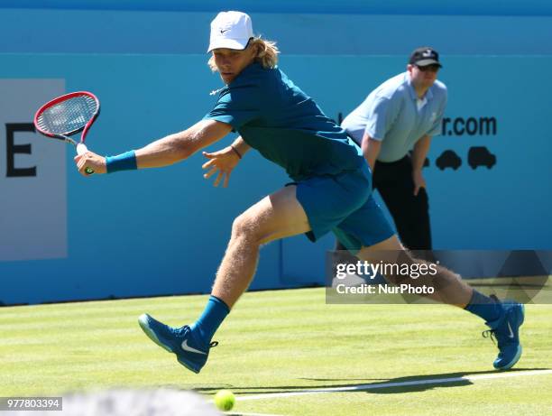 Denis Shapovalov in action during Fever-Tree Championships 1st Round match between Denis Shapovalov against Gilles Muller at The Queen's Club,...