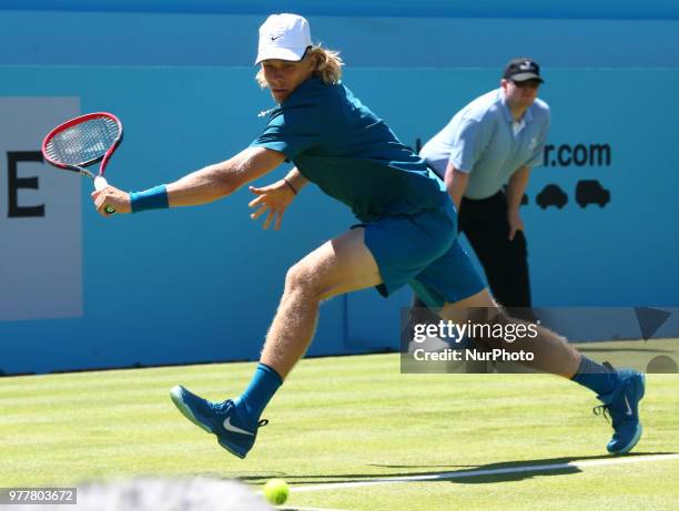 Denis Shapovalov in action during Fever-Tree Championships 1st Round match between Denis Shapovalov against Gilles Muller at The Queen's Club,...