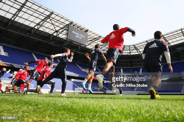 The New York Red Bulls run sprints during their first on field practice at Red Bull Arena on March 16, 2010 in Harrison, New Jersey.