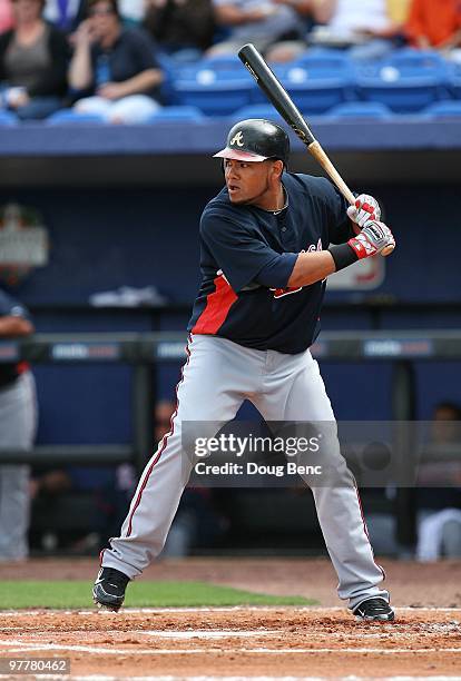 Melky Cabrera of the Atlanta Braves bats against the New York Mets at Tradition Field on March 2, 2010 in Port St. Lucie, Florida.