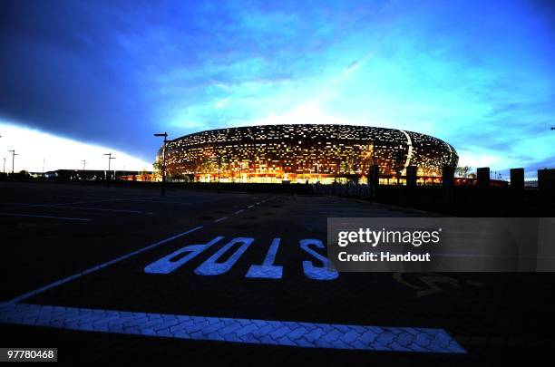 In this handout image provided by the 2010 FIFA World Cup Organising Committee South Africa A general view of the testing of lights at Soccer City...