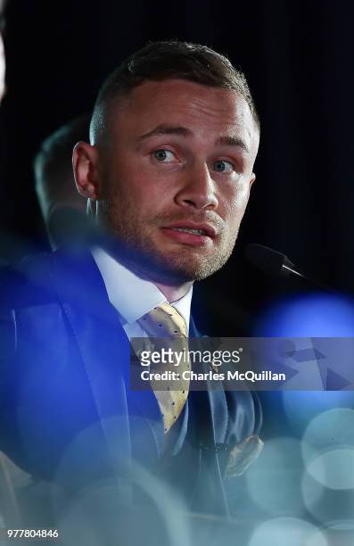 Belfast boxer Carl Frampton answers questions from the gathered media at Windsor Park on June 18, 2018 in Belfast, Northern Ireland. Frampton, Tyson...