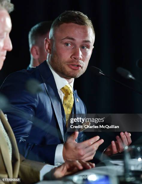 Belfast boxer Carl Frampton answers questions from the gathered media at Windsor Park on June 18, 2018 in Belfast, Northern Ireland. Frampton, Tyson...