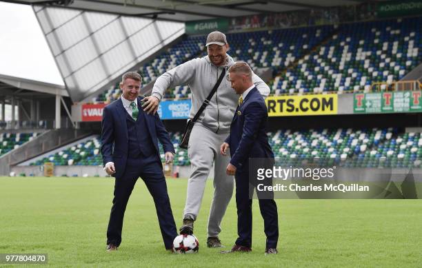 Boxers Carl Frampton, Tyson Fury and Paddy Barnes attend a photo call at Windsor Park on June 18, 2018 in Belfast, Northern Ireland. The three boxers...