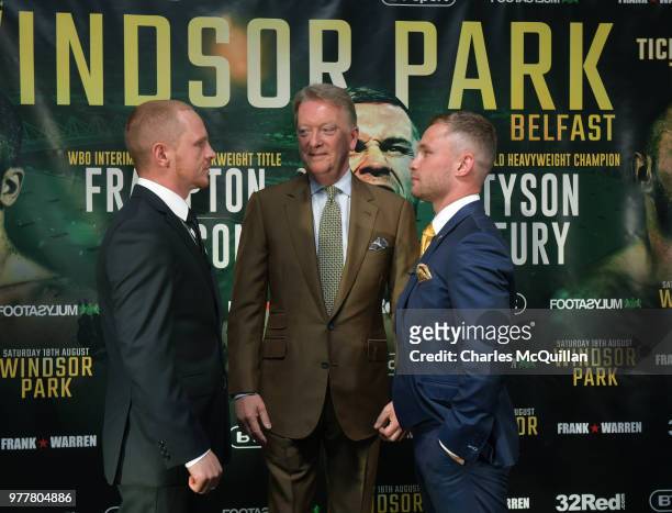 Boxers Carl Frampton and Luke Jackson attend a photo call at Windsor Park on June 18, 2018 in Belfast, Northern Ireland. The three boxers held a...