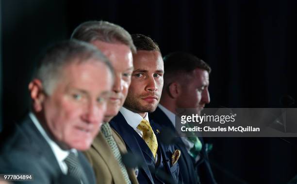 Belfast boxer Carl Frampton answers questions from the gathered media at Windsor Park on June 18, 2018 in Belfast, Northern Ireland. Frampton, Tyson...