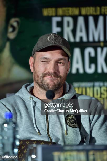 Former Heavyweight world champion Tyson Fury answers questions from the gathered media at Windsor Park on June 18, 2018 in Belfast, Northern Ireland....