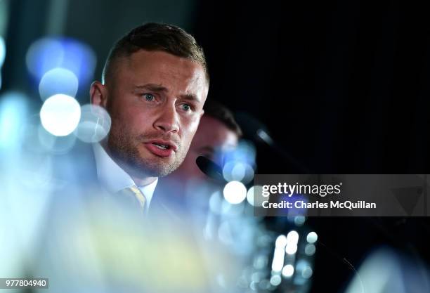 Belfast boxer Carl Frampton answers questions from the gathered media at Windsor Park on June 18, 2018 in Belfast, Northern Ireland. Frampton, Tyson...