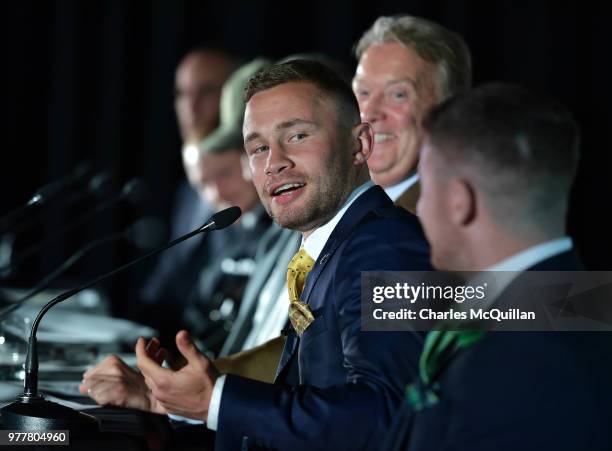 Belfast boxer Carl Frampton answers questions from the gathered media at Windsor Park on June 18, 2018 in Belfast, Northern Ireland. Frampton, Tyson...