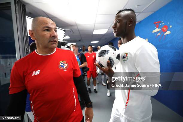 Abdiel Arroyo of Panama holds the ball inside the tunnel prior to the 2018 FIFA World Cup Russia group G match between Belgium and Panama at Fisht...